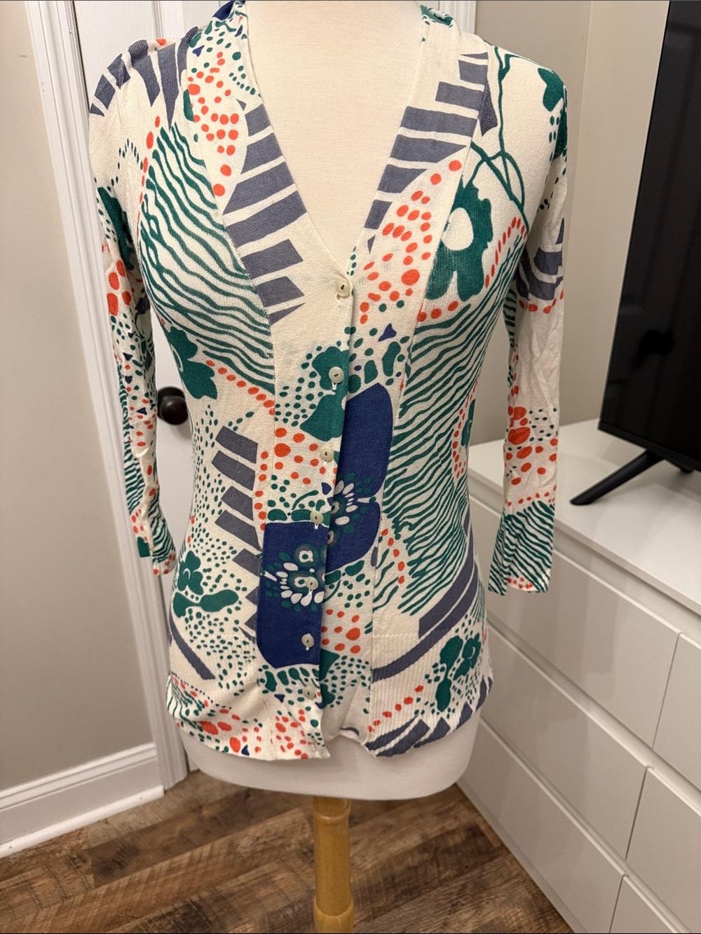 Printed V-Neck Cardigan Sweater - Cream with Teal & Navy